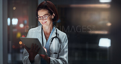 Buy stock photo Night, woman and doctor with tablet, typing and online reading for schedule, hospital and digital app. Results, medical or professional with tech, evening and website info with healthcare or smile