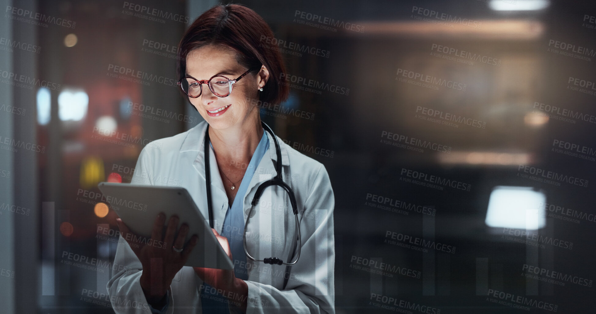 Buy stock photo Night, woman and doctor with tablet, typing and online reading for schedule, hospital and digital app. Results, medical or professional with tech, evening and website info with healthcare or smile