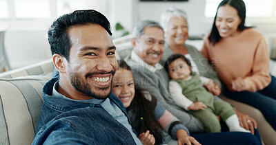 Buy stock photo Generations, family and happy on sofa with selfie for bonding, gathering and social media at home. People, grandparents and parents with kids on couch in living room for profile picture and support