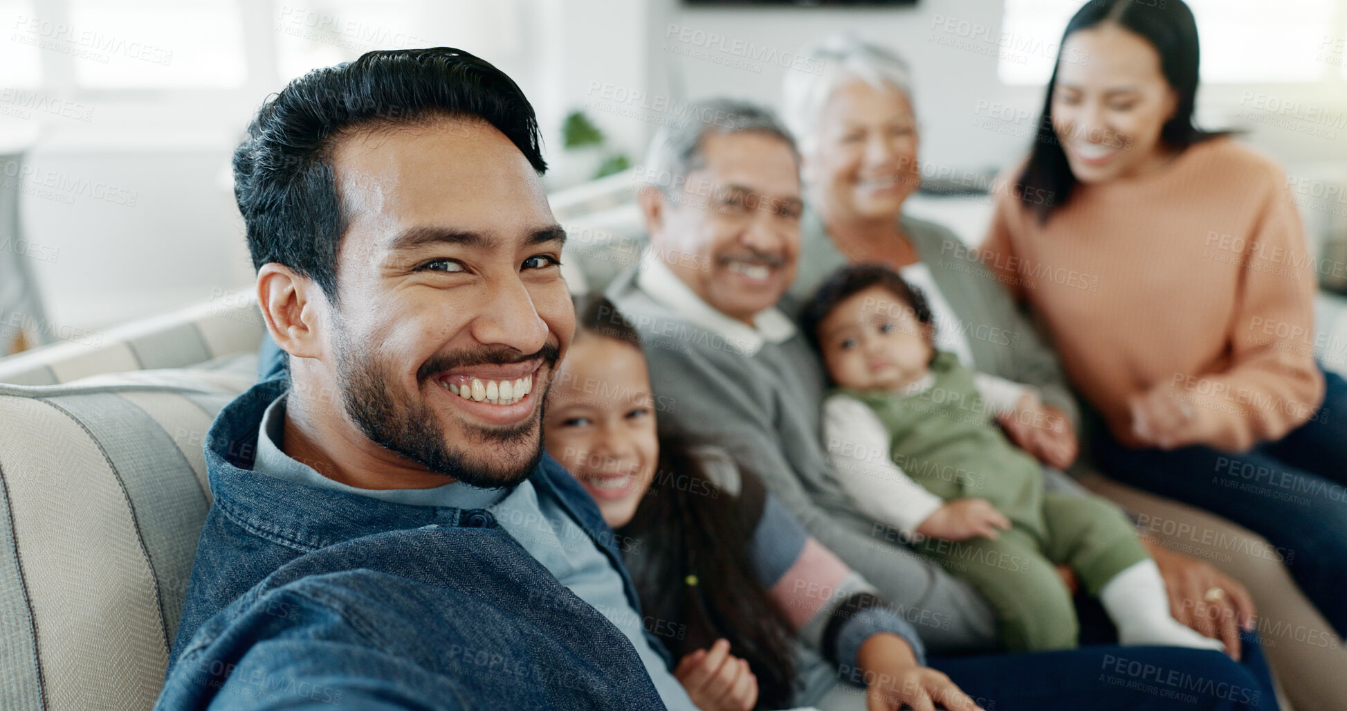 Buy stock photo Generations, family and happy on sofa with selfie for bonding, gathering and social media at home. People, grandparents and parents with kids on couch in living room for profile picture and support