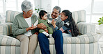 Happy family, grandparents and playing with grandkids on sofa for bonding, day care or childhood at home. Grandpa, grandma and children or siblings relaxing with baby for security, embrace or youth