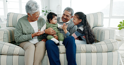 Buy stock photo Happy family, grandparents and playing with grandkids on sofa for bonding, day care or childhood at home. Grandpa, grandma and children or siblings relaxing with baby for security, embrace or youth