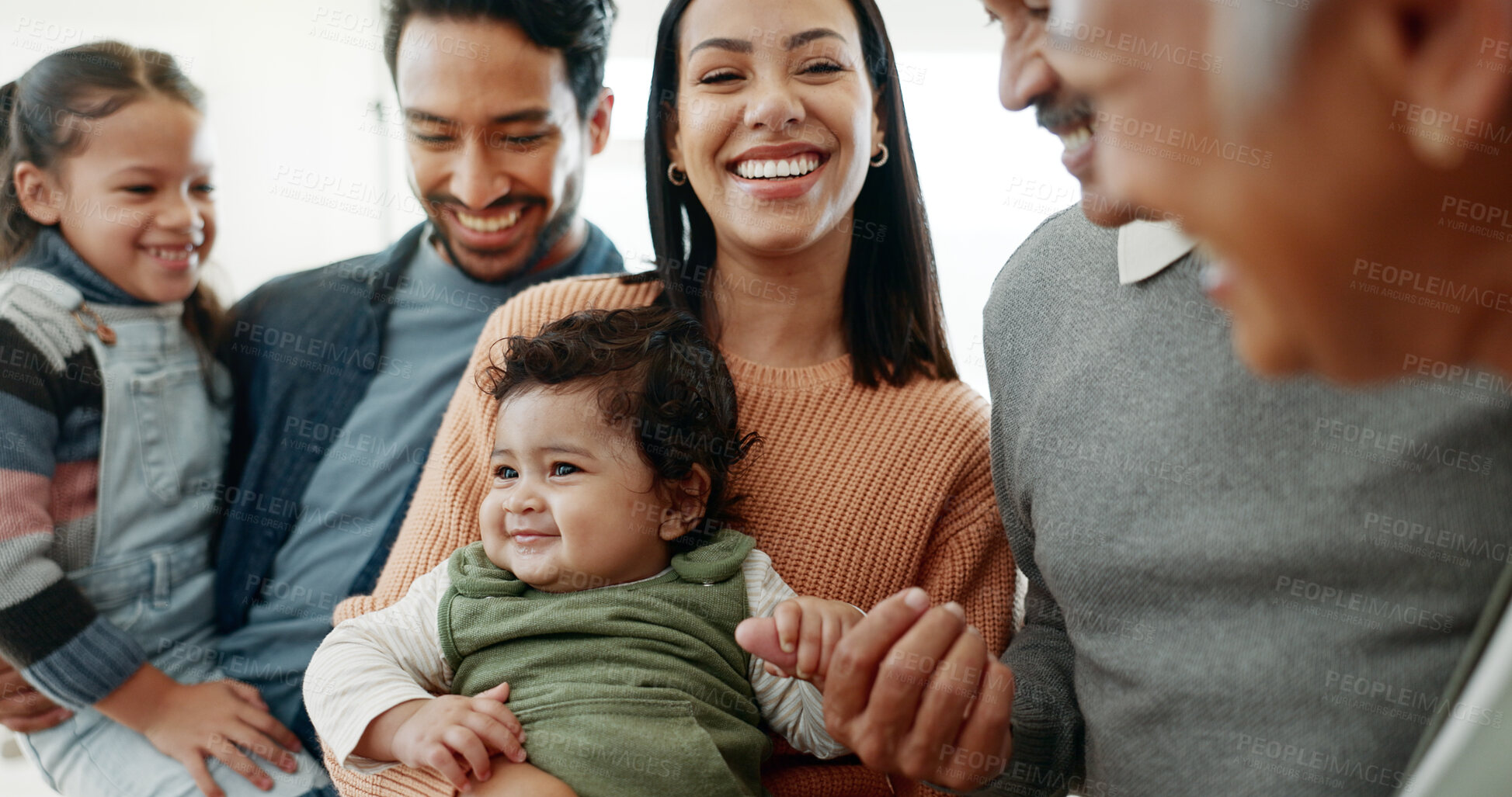 Buy stock photo Happy family, parents and grandparents playing with children for bonding, weekend or holiday at home. Mother, father and grandma or grandpa with kids or siblings for generations or youth at house