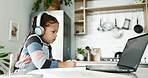 Child, laptop and writing for e learning in online academy in homeschooling with reading for lesson. Girl, student and education in elementary with technology for development, growth and scholarship