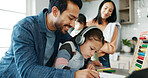 Parents, children and writing with headphones for elearning, distance learning or virtual class in kitchen at home. Mother, father and kids or siblings for help, online lesson or homework at house