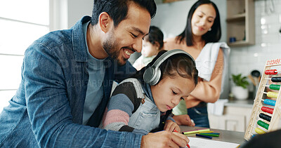 Buy stock photo Parents, children and writing with headphones for elearning, distance learning or virtual class in kitchen at home. Mother, father and kids or siblings for help, online lesson or homework at house