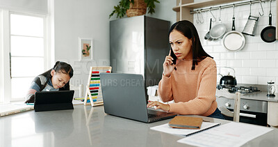 Buy stock photo Frustrated mom, laptop and phone call with child for finance, expenses or mortgage bills in kitchen at home. Mother, kid or little girl working on technology for math or financial discussion at house