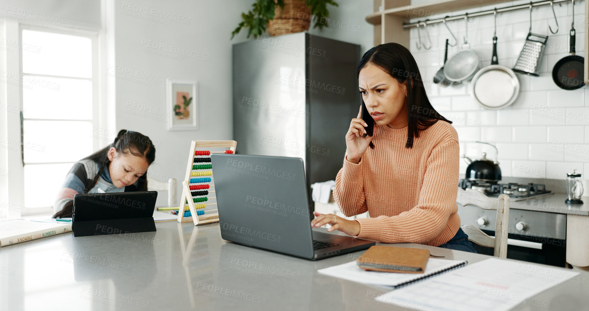 Buy stock photo Frustrated mom, laptop and phone call with child for finance, expenses or mortgage bills in kitchen at home. Mother, kid or little girl working on technology for math or financial discussion at house