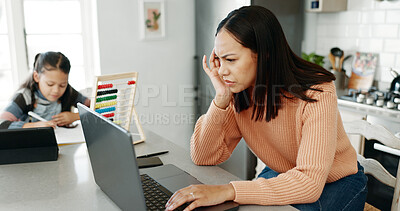 Buy stock photo Frustrated mom, child and laptop with headache or stress for debt, expenses or mortgage bills in kitchen at home. Mother, kid or little girl working on technology for mathematics or audit at house