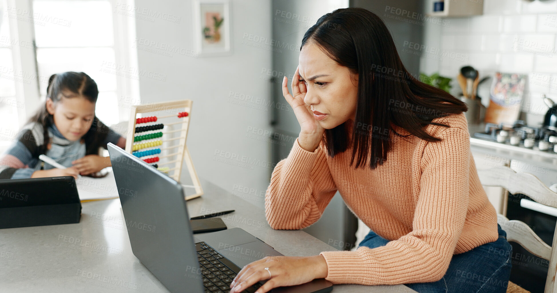 Buy stock photo Frustrated mom, child and laptop with headache or stress for debt, expenses or mortgage bills in kitchen at home. Mother, kid or little girl working on technology for mathematics or audit at house