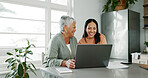 Senior mother, daughter and connection with laptop for retirement or estate planning. Female people, happiness and technology for insurance policy, solidarity or support in apartment or family home