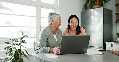 Buy stock photo Senior mother, daughter and connection with laptop for retirement or estate planning. Female people, happiness and technology for insurance policy, solidarity or support in apartment or family home