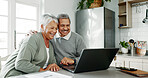 Senior, happy couple and video call with laptop for virtual meeting, greeting or connectivity at home. Elderly man, woman or lovers with smile for online communication, chat or remote app at house