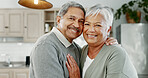 Senior, portrait and happy couple with hug for love, embrace or relationship together in retirement at home. Elderly man, woman or lovers with smile for affection, care or bonding in support at house