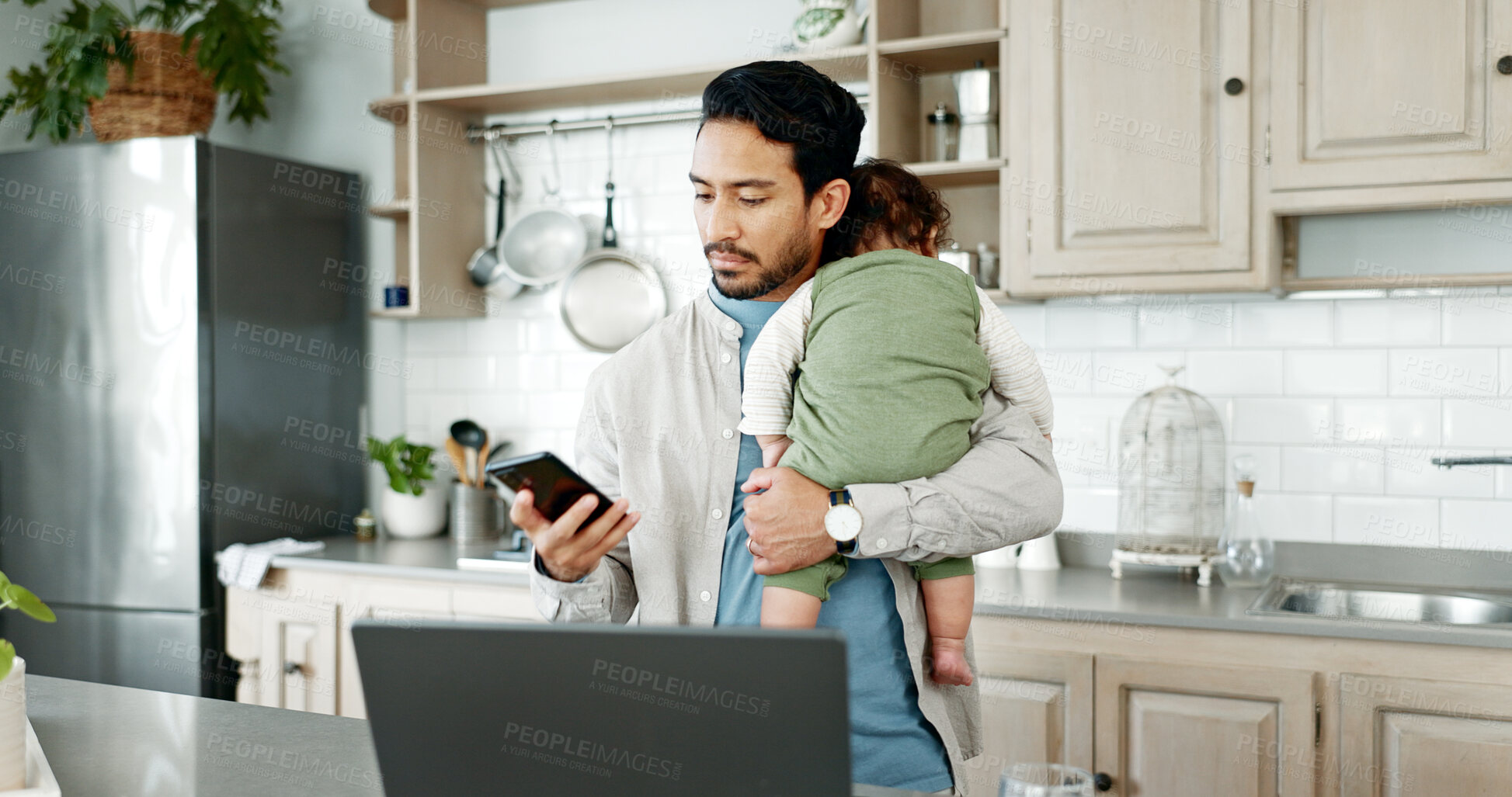 Buy stock photo Phone, man and sleeping baby in home for care, research symptoms and texting on paternity leave. Father, resting child and mobile in kitchen for checkup, doctor appointment or schedule for healthcare