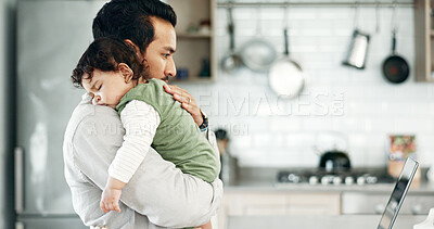 Buy stock photo Man, baby or laptop in kitchen for sleeping, care or multitask with remote work. Father, tired child or reading tech for research, childcare tips or infant burping tutorial in home on paternity leave