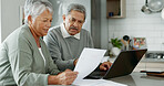 Senior couple, paperwork and laptop for finance, taxes and review with pension, budget and reading in home. Elderly women, man and documents with computer, thinking and info for income in retirement