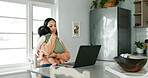 Mother, baby and laptop in home for remote work, reading email and business report with spreadsheet. Woman, newborn and technology in kitchen for freelance, video call and research as entrepreneur