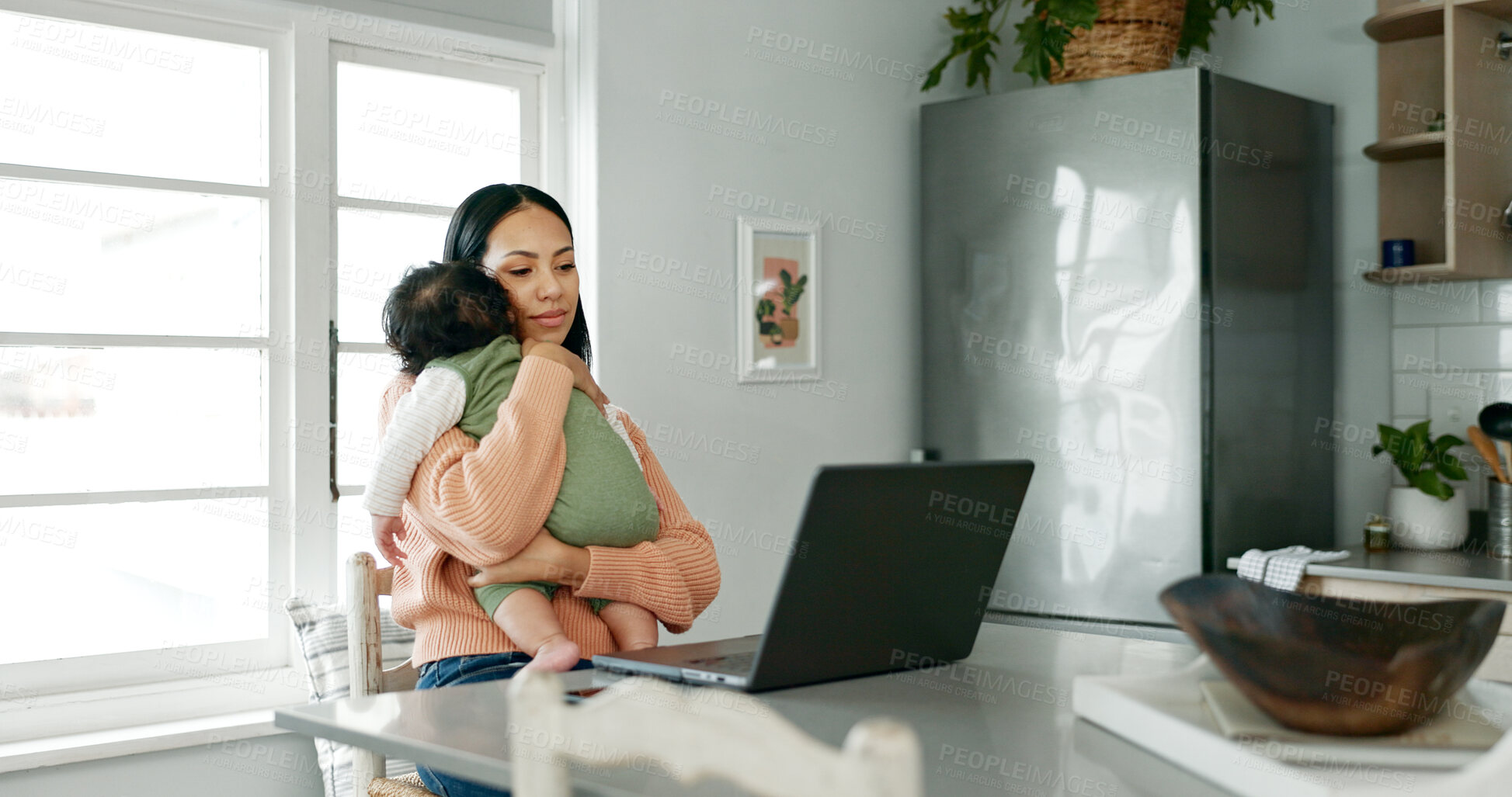 Buy stock photo Mother, baby and laptop in home for remote work, reading email and business report with spreadsheet. Woman, newborn and technology in kitchen for freelance, video call and research as entrepreneur