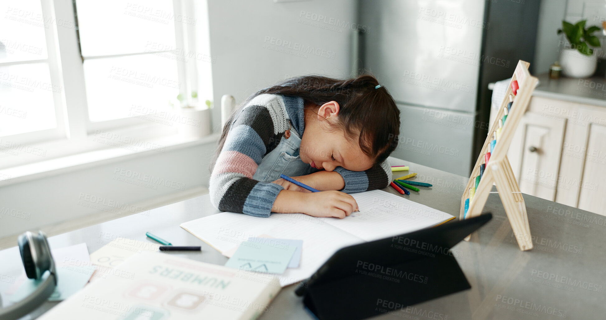 Buy stock photo Girl, child and sleeping with homework, books or tired with e learning, studying and development in family home. Kid, burnout and fatigue with project, education and rest by tablet, notebook and app