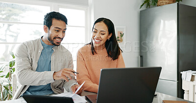 Buy stock photo Kitchen, couple and discussion with laptop for budget, track expenses and planning for financial goals. Smile, man and woman with document for accounts management, handle savings and review at home