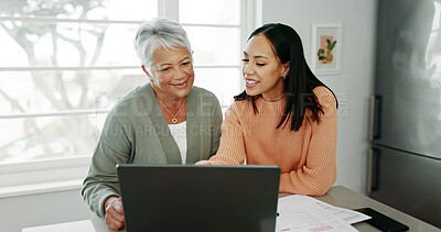 Buy stock photo Kitchen, mother and woman with laptop for finance, track expenses and check budget goals. Discussion, senior mom and daughter with tax review for retirement, handle savings and mortgage at home