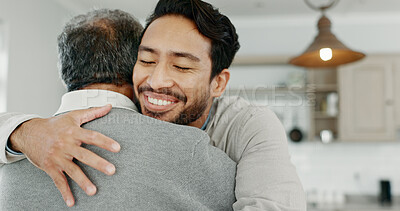 Buy stock photo Home, adult son and hug father with weekend visit, welcome and bonding moment with smile, love and care. Happy, man and embrace senior person in house for hello, comfort and affection with security