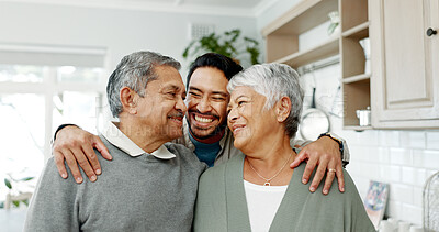 Buy stock photo House, adult son and hug parents with weekend visit, welcome or bonding moment with smile, love or care. Happy family, senior people and embrace man in home for hello, comfort or affection in kitchen