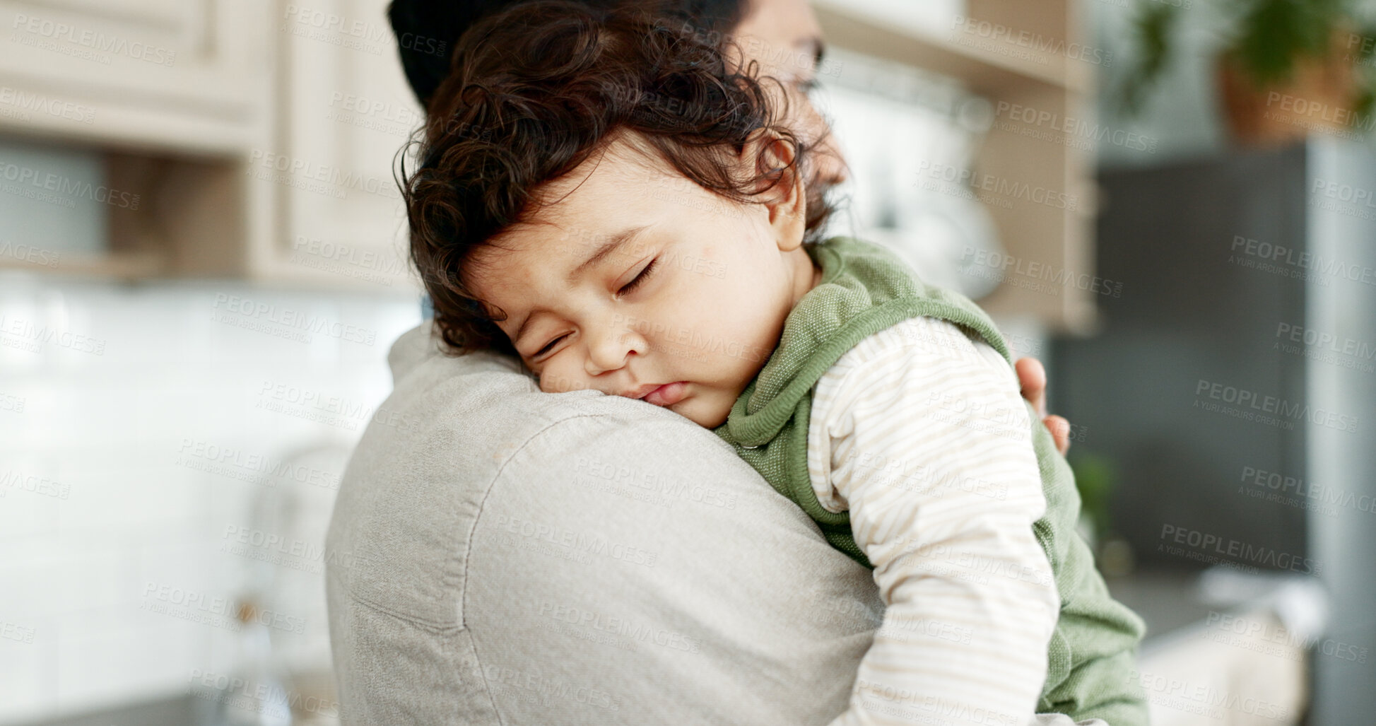 Buy stock photo Sleep, care and man with baby in kitchen for bonding, support and healthy child development. Relax, dad and tired kid in home with love, childcare and rest for growth, comfort and wellness for family