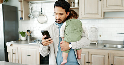 Buy stock photo Home, baby and man with phone for sleep schedule, bonding and support for healthy child development. Relax, dad and tired kid in kitchen with smartphone, comfort and mobile app for childcare advice