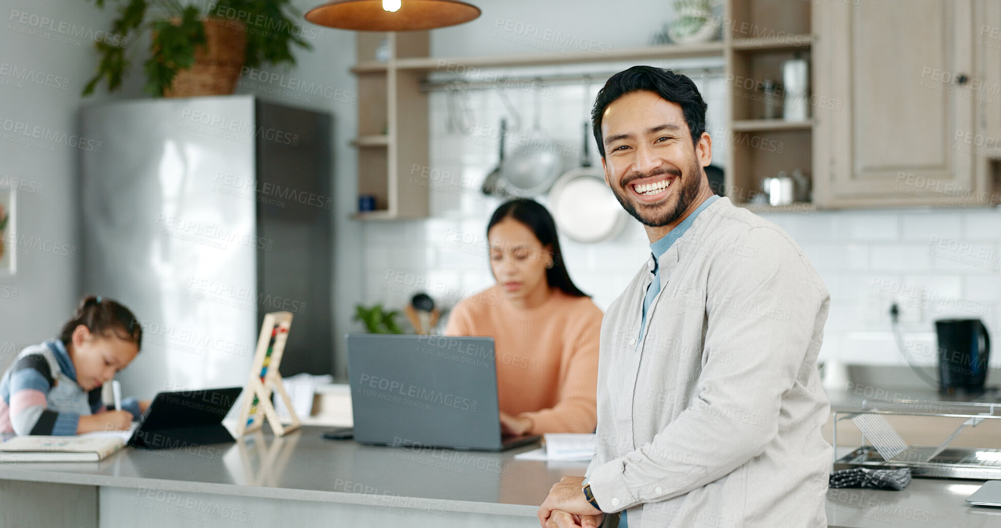 Buy stock photo Man, portrait and family with remote work in kitchen with smile, child and tech for education, study and freelancing. Father, mother and daughter with tablet, computer and together at house in Mexico