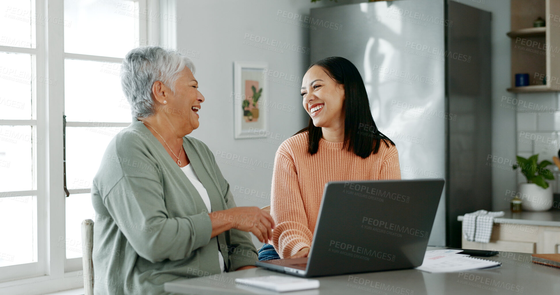 Buy stock photo Home, mother and daughter with laptop for finance, track expenses and success for budget goals. Kitchen, senior mom and happy woman with tax review for retirement, insurance savings and mortgage