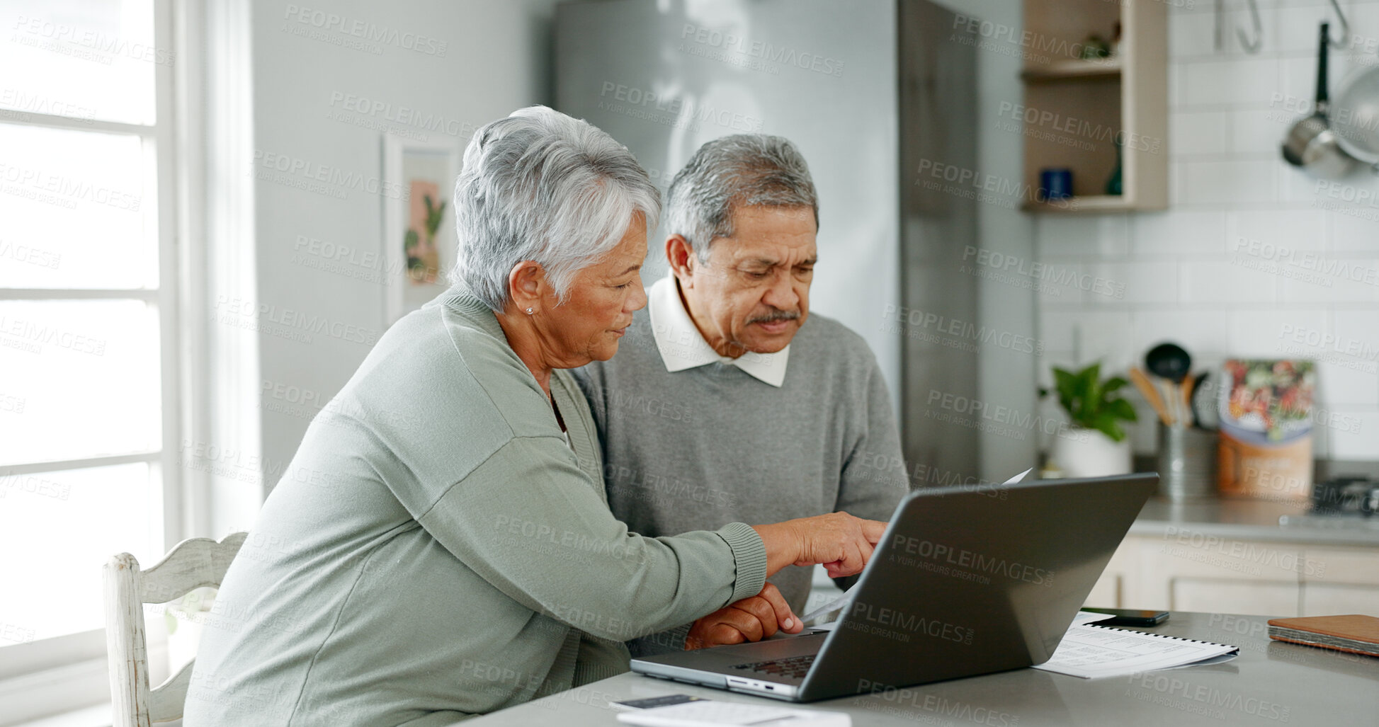 Buy stock photo Senior couple, documents and finance with laptop for budget planning, retirement or pension fund at home. Mature, elderly man and woman with paperwork on computer for utility bill or mortgage expense