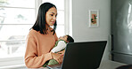 Laptop, freelance and mom with baby in kitchen sleeping for networking, research and time management. Balance, woman and child in home with computer for online project, childcare or remote work