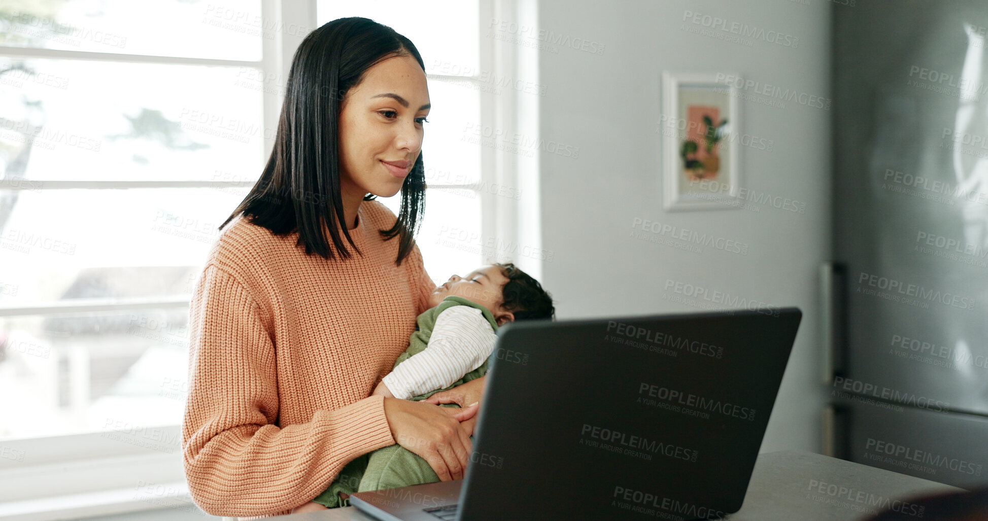 Buy stock photo Laptop, freelance and mom with baby in kitchen sleeping for networking, research and time management. Balance, woman and child in home with computer for online project, childcare or remote work