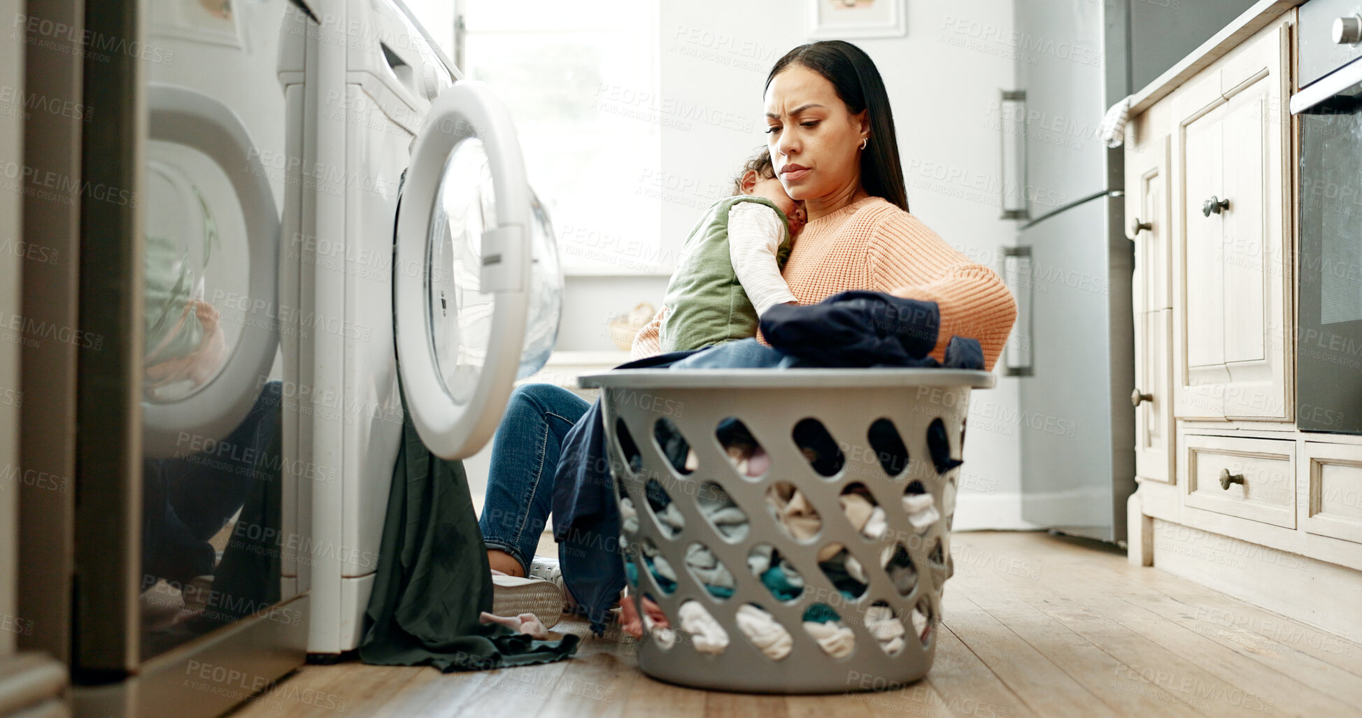 Buy stock photo Woman, baby and washing machine at family home on floor, sleeping and care with clothes for multitasking. Mother, infant child and basket for laundry, hygiene and cleaning in morning at apartment