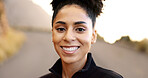 Portrait, smile and woman on road for fitness, wellness and health in Jamaica. Face, runner and happy athlete outdoor in nature for exercise, workout and ready to start training for sports on street