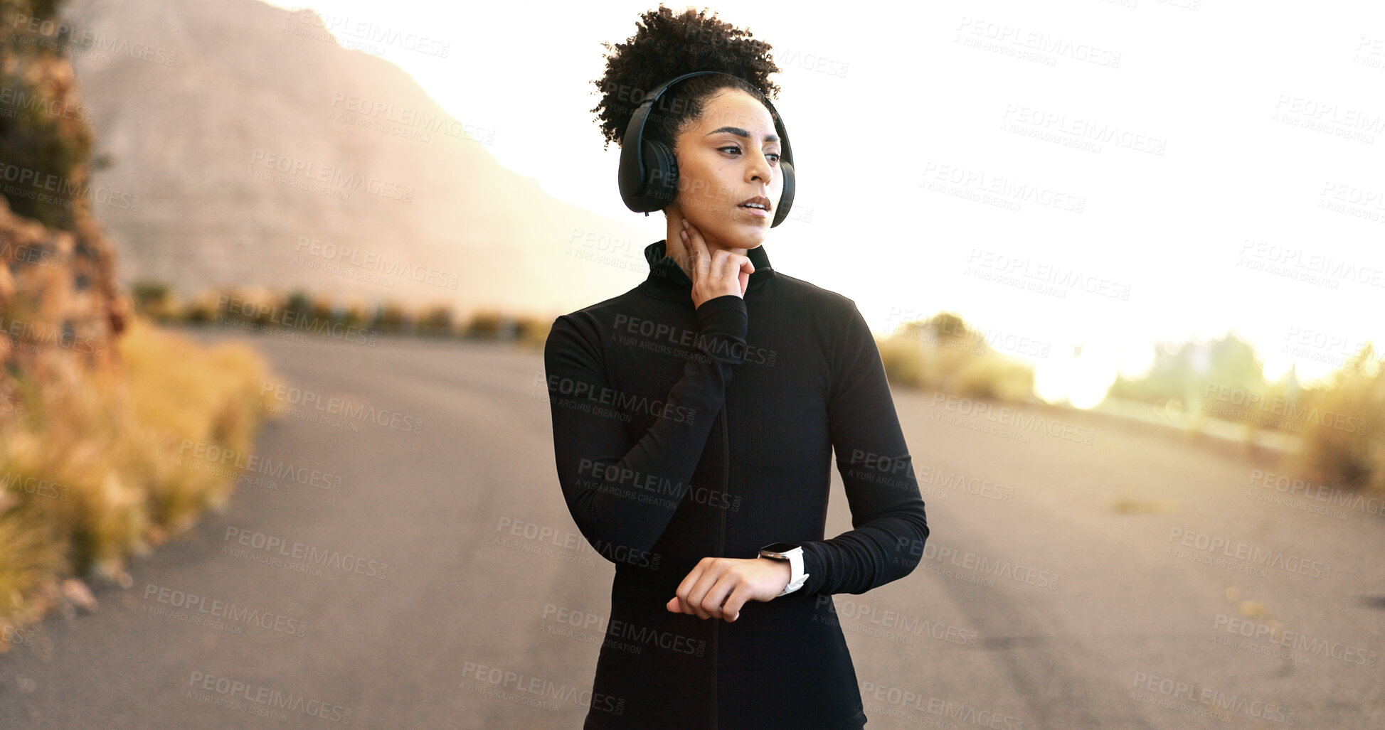 Buy stock photo Thinking, check pulse and woman with headphones, fitness and listening to podcast, breathing and sound. Runner, athlete and person with headset, nature or wonder with wellness, heart rate or training