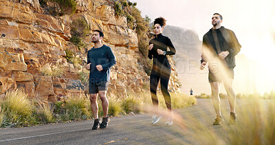 Buy stock photo Exercise, running and training with friends in mountains together for cardio challenge or performance. Fitness, sports or workout with athlete men and woman on asphalt road in nature for improvement