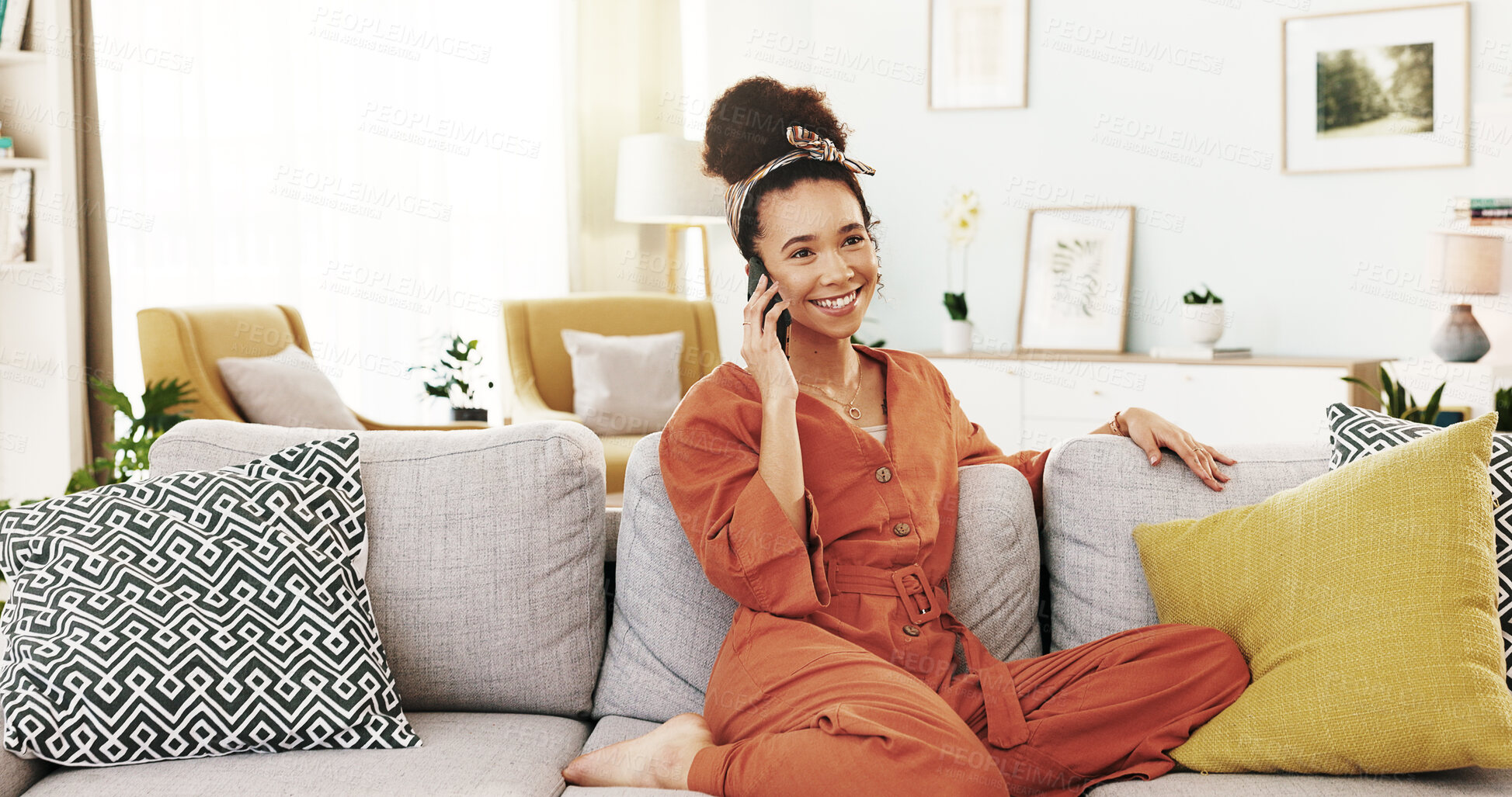 Buy stock photo Woman, phone call and happy on sofa in home, relax and conversation with mobile network in lounge. Person, girl and smile with smartphone, contact and memory with chat in living room at apartment