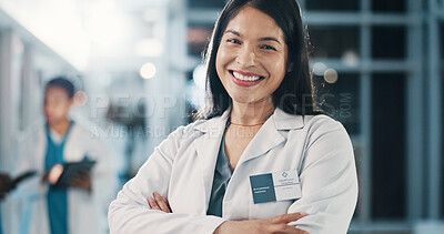 Buy stock photo Healthcare, doctor and smile with portrait of woman at expo for medical innovation, expert and breakthrough. Medicine, night and pharmacy discovery with person for mpox treatment and vaccine growth