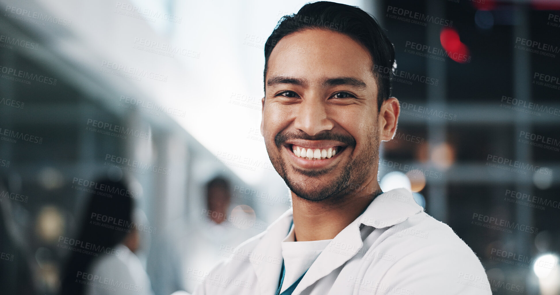 Buy stock photo Healthcare, doctor and night with portrait of man at expo for medical innovation, expert and breakthrough. Medicine, smile and pharmacy discovery with person for mpox treatment and vaccine growth