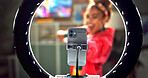 Happy woman, influencer and phone with ring light for video recording, online tutorial or communication at home. Young, female person or vlogger with mobile smartphone for dance or content creation