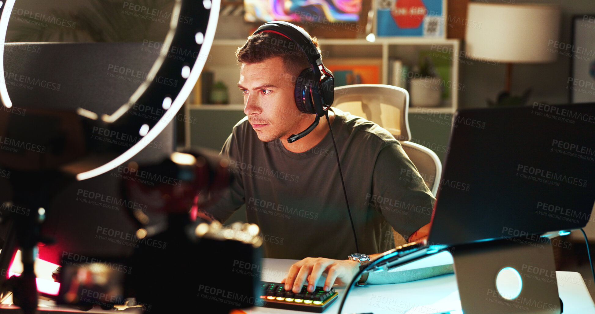 Buy stock photo Gamer, influencer and recording with tech for streaming, follower interaction or content creation. Man, esports or ring light in home for subscriber entertainment, social media update or connectivity