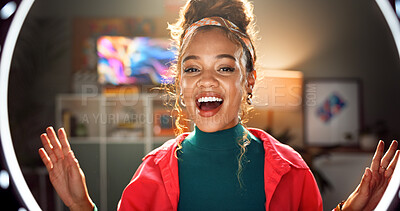 Happy woman, portrait and influencer with ring light for content creation, vlogging or online tutorial at home. Young, female person or vlogger in POV with makeup for tips, advice or video recording