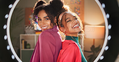 Happy women, portrait and influencer with ring light for video recording, vlogging or content creation at home. Young, female person or friends in POV or vlog for online trend, beauty or makeup tips