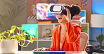 Happy woman, vr and gamer with virtual vision for futuristic experience, interface or ai technology at home. Young, female person or player with smile for simulation metaverse gaming or 3D software