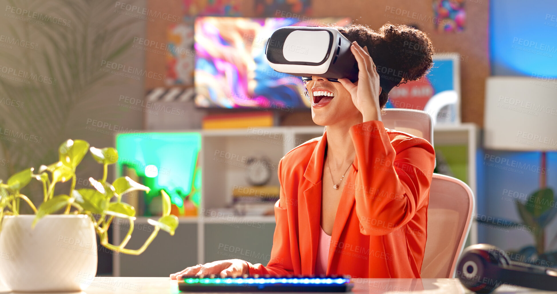 Buy stock photo Happy woman, vr and gamer with virtual vision for futuristic experience, interface or ai technology at home. Young, female person or player with smile for simulation metaverse gaming or 3D software