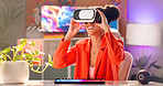 VR, headset and gamer woman in home with ai software interaction, metaverse and futuristic experience. Girl, happy and virtual reality goggles for cyber fantasy, 3d entertainment and online gaming