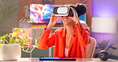 Buy stock photo VR, headset and gamer woman in home with ai software interaction, metaverse and futuristic experience. Girl, happy and virtual reality goggles for cyber fantasy, 3d entertainment and online gaming